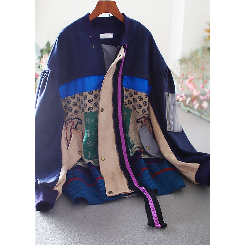 Handmade Navy Oversized Patchwork Cotton Sweatshirt Jacket Spring