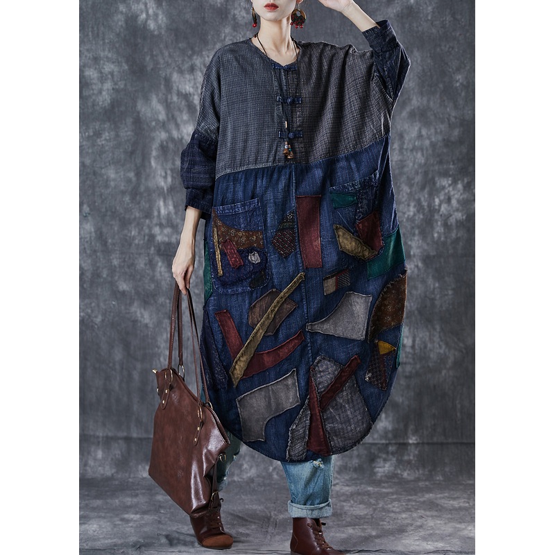 Handmade Navy Patchwork Applique Denim Holiday Dress Spring