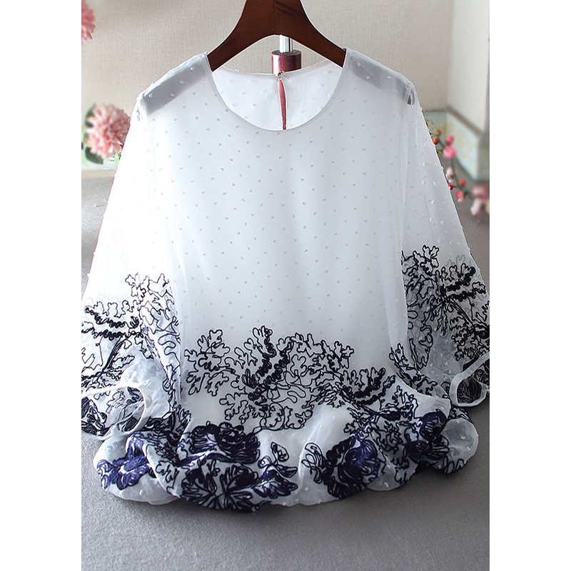 Handmade White Embroidered Chiffon Shirts Spring