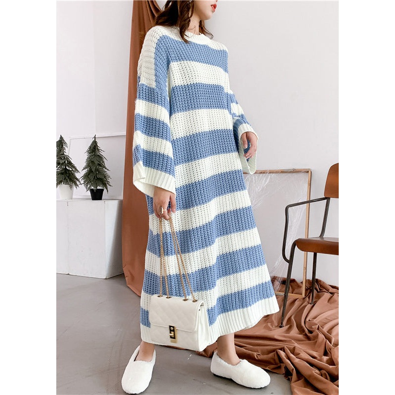 Loose Blue O Neck Striped Knit Sweater Dress Spring
