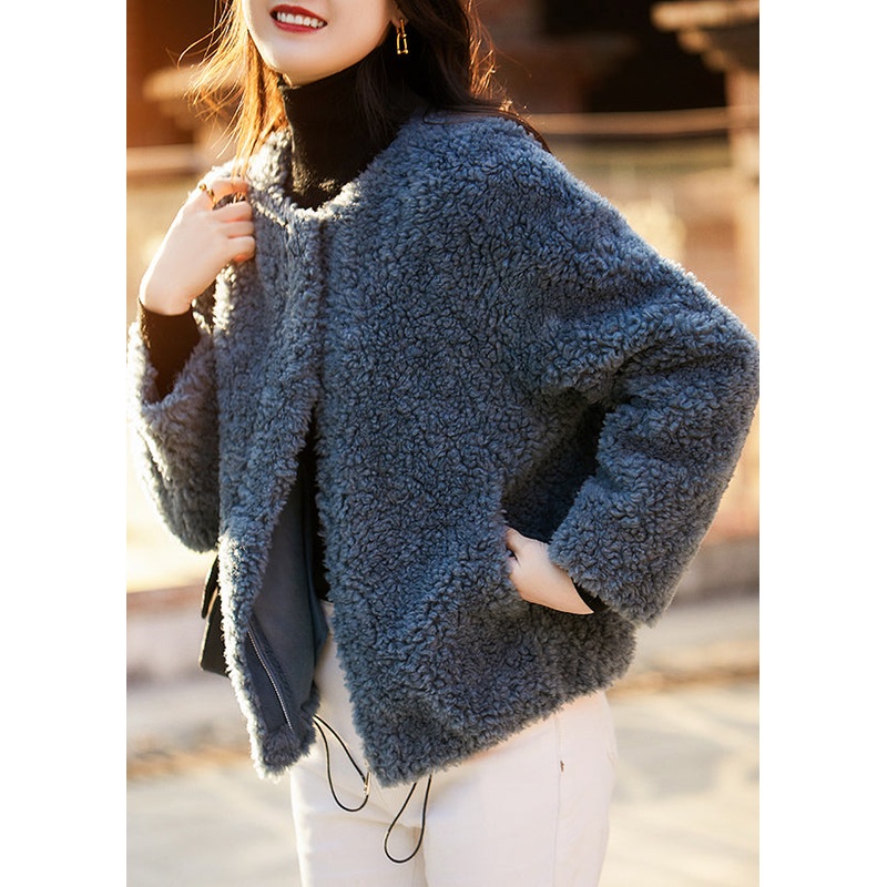 Loose Blue Pockets Drawstring Teddy Faux Fur Coats Spring