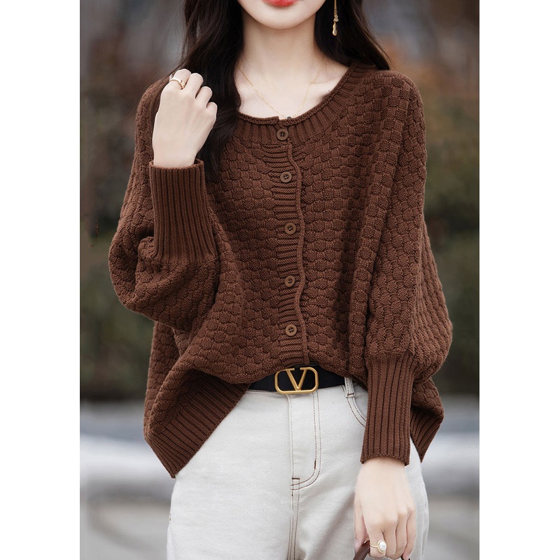 Loose Brown O Neck Button Cotton Knit Sweater Spring