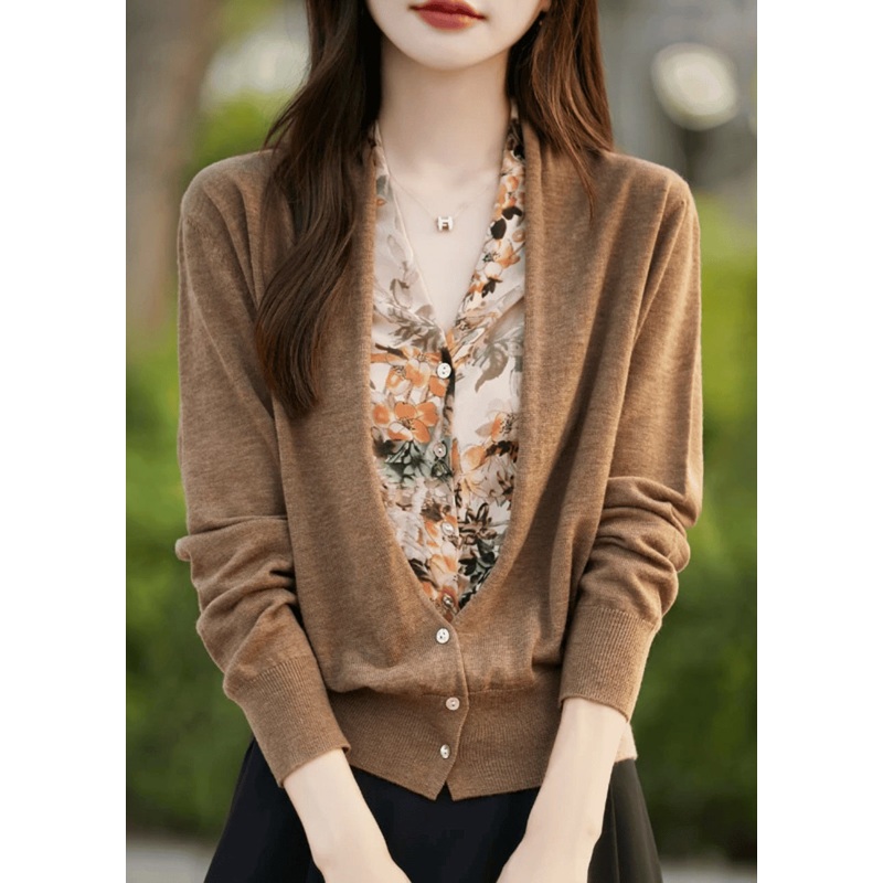 Loose Coffee Button False Two Pieces Patchwork Knit Sweater Spring