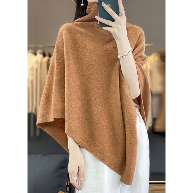 Loose Khaki Turtleneck Solid Woolen Cape Sweaters Spring