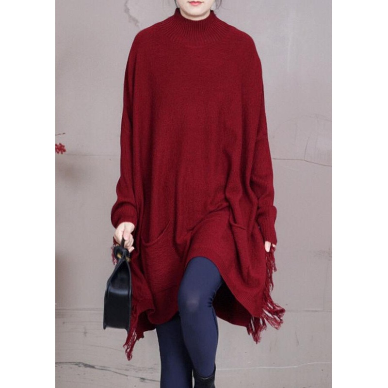 Loose Red Tasseled Pockets Knit Sweater Dress Spring