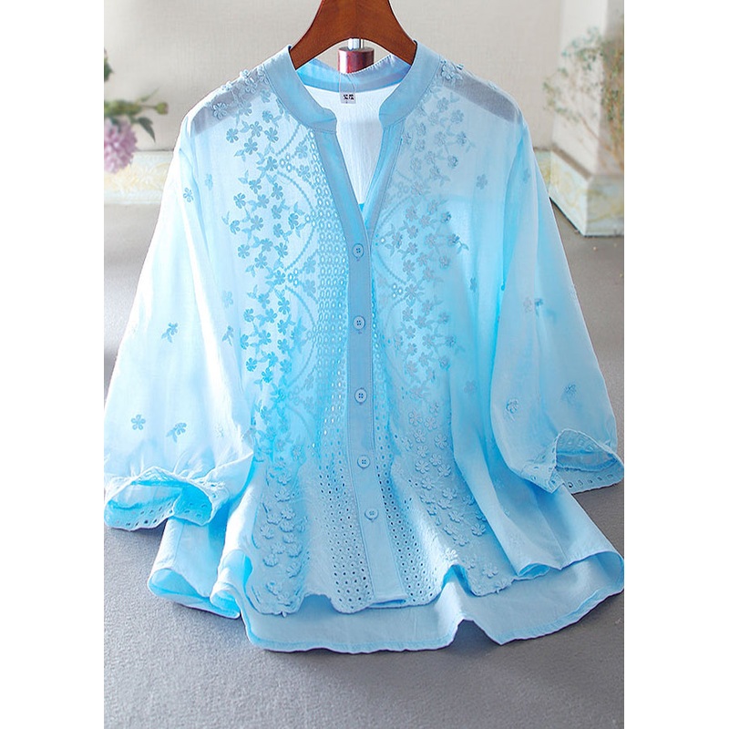 Natural Sea Blue Embroidered Cotton Shirt Bracelet Sleeve