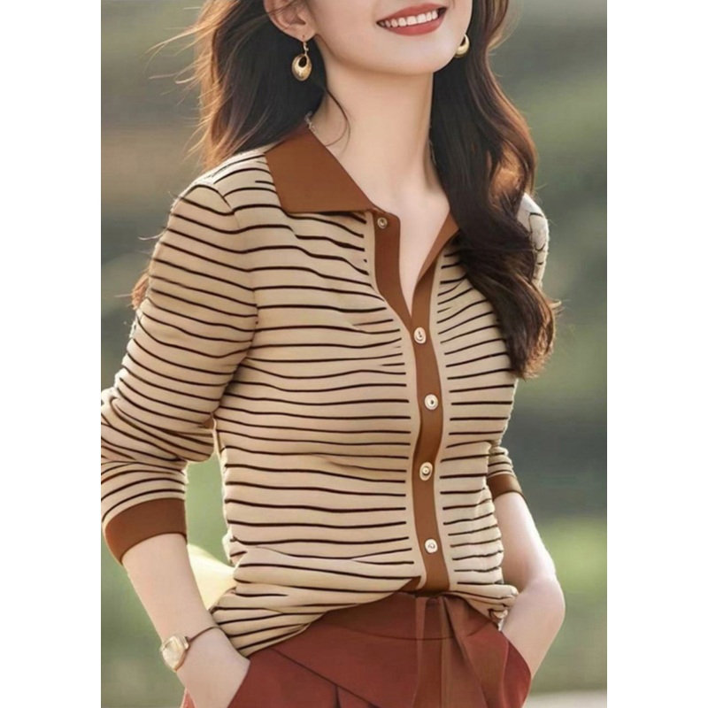 New Coffee Striped Button Knit Sweater Spring