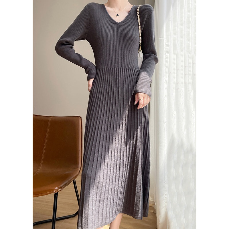 New Dark Gray V Neck Wrinkled Knit Sweater Dress Spring