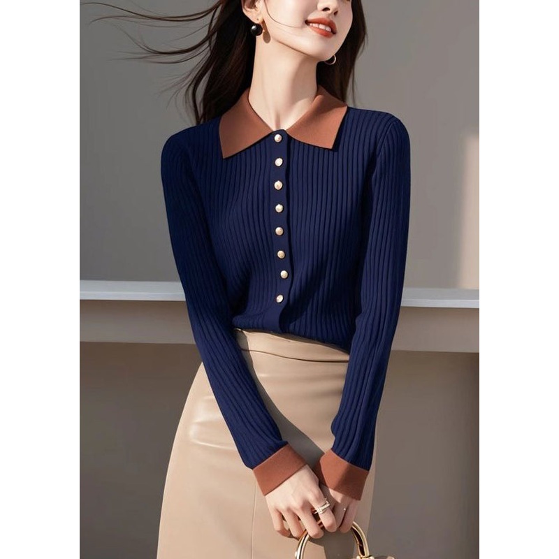 New Navy Peter Pan Collar Button Patchwork Knit Sweaters Spring