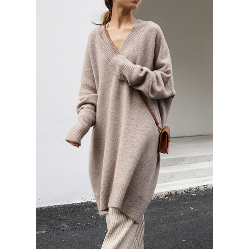 Plus Size Khaki V Neck Oversized Knit Sweater Dress Spring