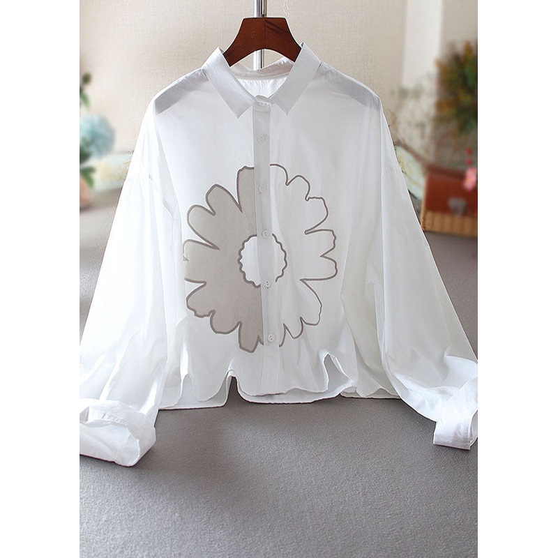 Plus Size White Oversized Floral Cotton Shirt Top Spring