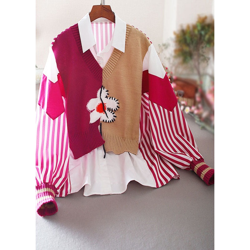 Rose Patchwork Knit Fake Two Piece Tops Embroidered Spring