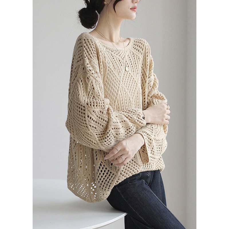 Simple Apricot O Neck Hollow Out Knit Sweater Spring