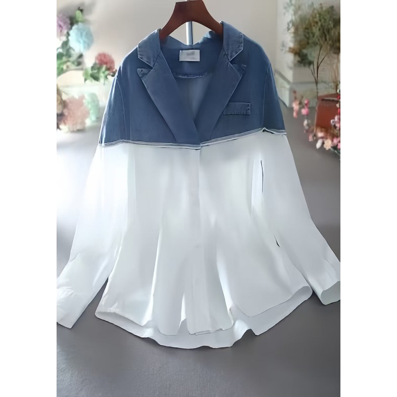 Simple White Embroidered Patchwork Denim Shirt Top Spring