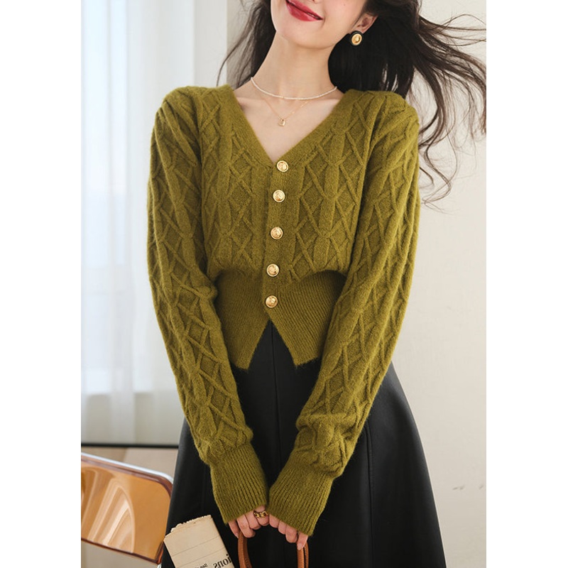 Slim Fit Green V Neck Button Knit Sweater Spring