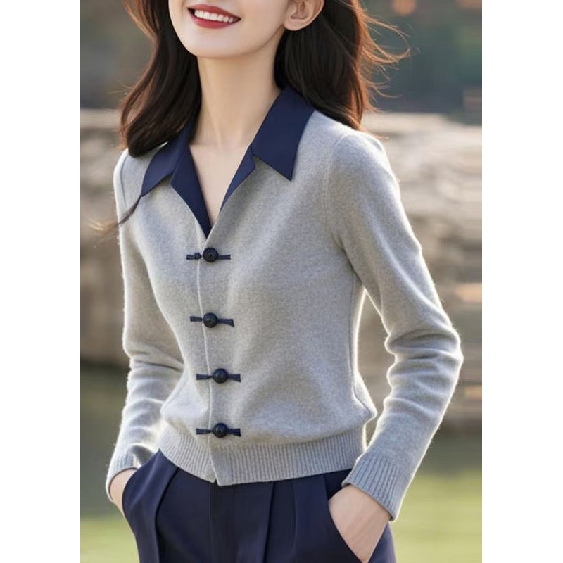 Slim Fit Grey Peter Pan Collar Button Knit Sweater Spring