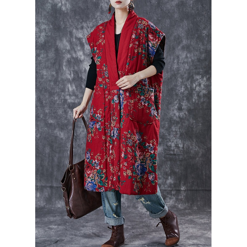 Style Red Oversized Print Fine Cotton Filled Loose Cardigan Winter