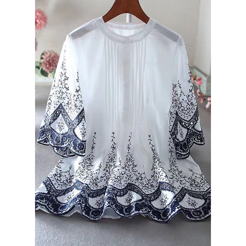 Style White Embroidered Wrinkled Cotton Blouses Summer