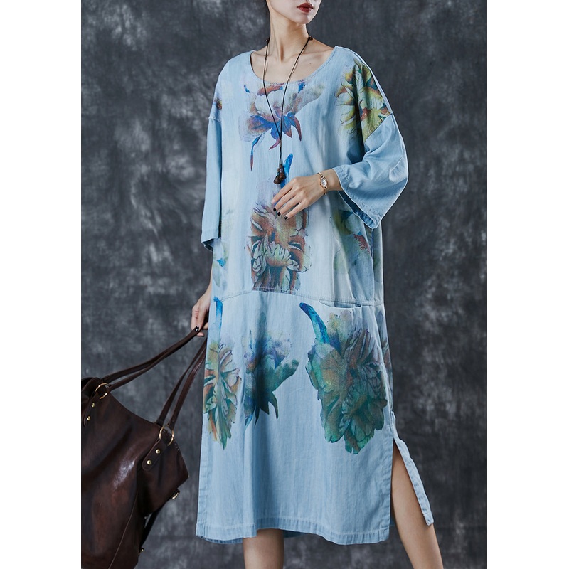Stylish Blue Oversized Print Denim Robe Dresses Spring