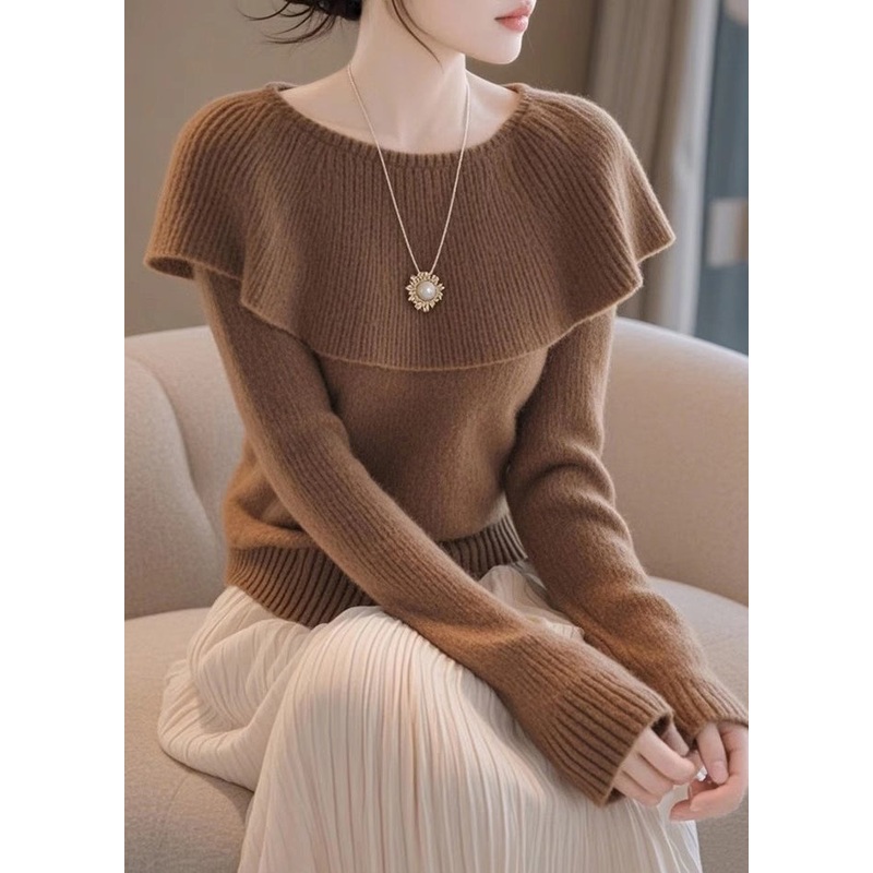 Stylish Coffee Original Design Solid Knit Sweaters Spring