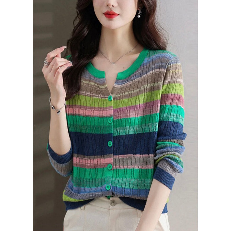Stylish Green Striped Button Thin Knit Sweater Spring
