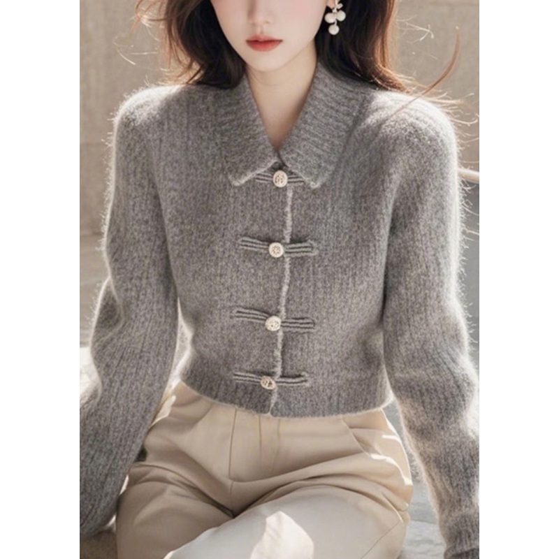 Stylish Grey Peter Pan Collar Button Knit Sweaters Spring