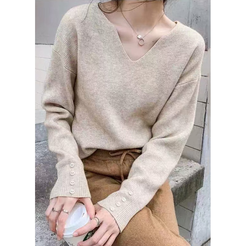 Stylish Khaki V Neck Solid Knit Sweater Spring
