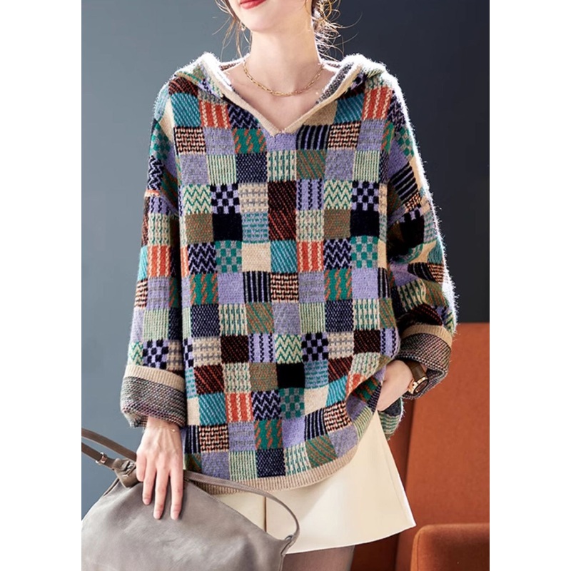 Stylish Plaid Hooded Patchwork Knit Sweater Spring