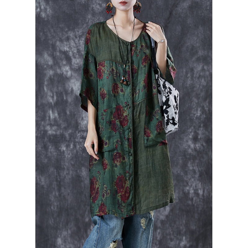 Tea Green Patchwork Linen Dress Print Pockets Summer