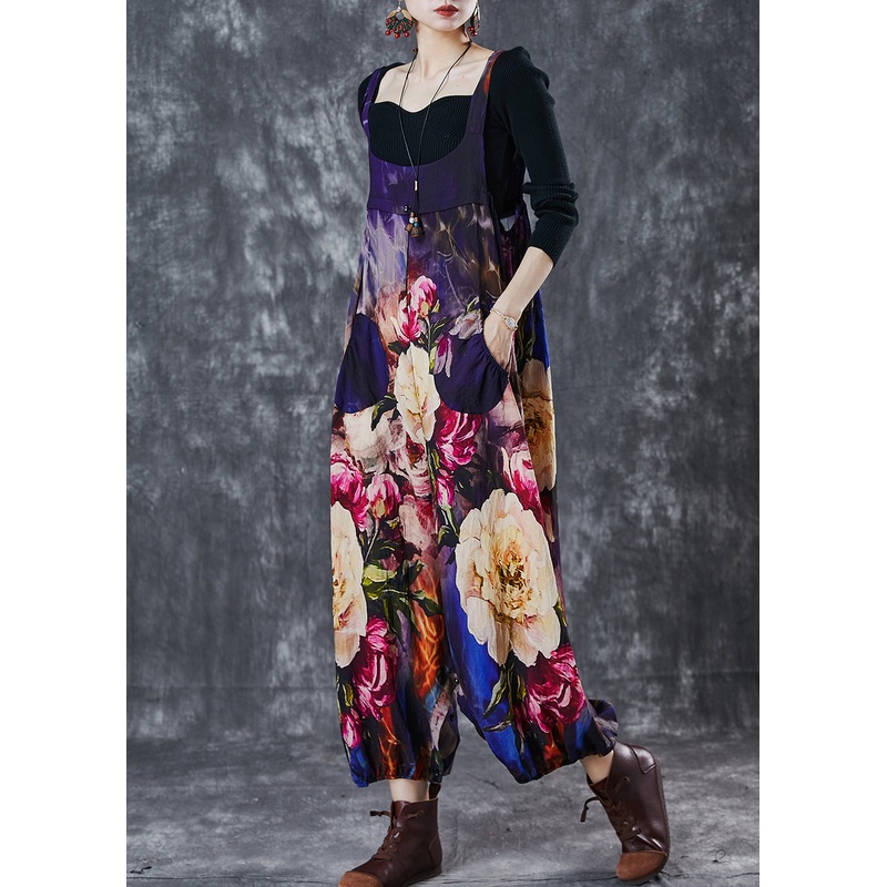 Unique Oversized Floral Print Cotton Overalls Jumpsuit Spring