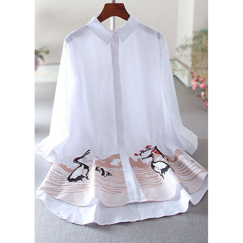 Unique White Embroidered Cotton Shirt Top Bracelet Sleeve