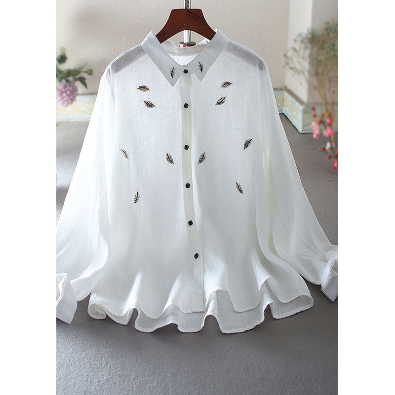 Unique White Leaf Embroidered Cotton Shirt Tops Spring