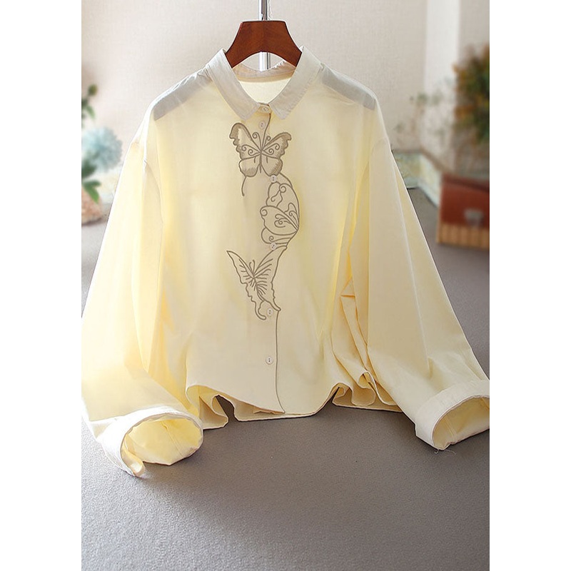 Vintage Apricot Embroidered Butterfly Cotton Blouses Spring