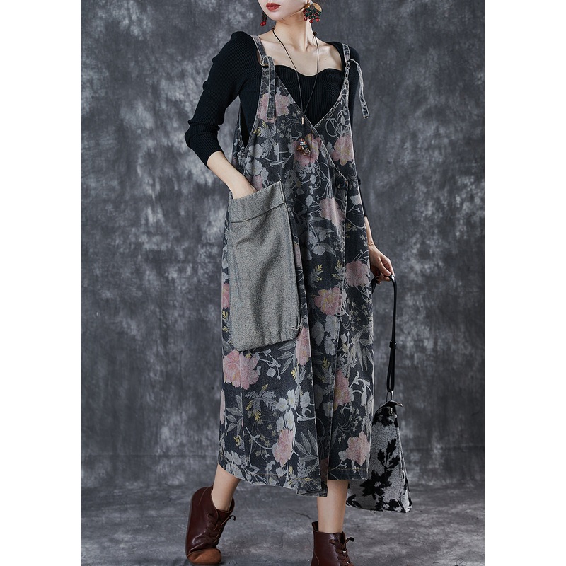 Vintage Black Print Patchwork Pocket Denim Cami Dress Spring