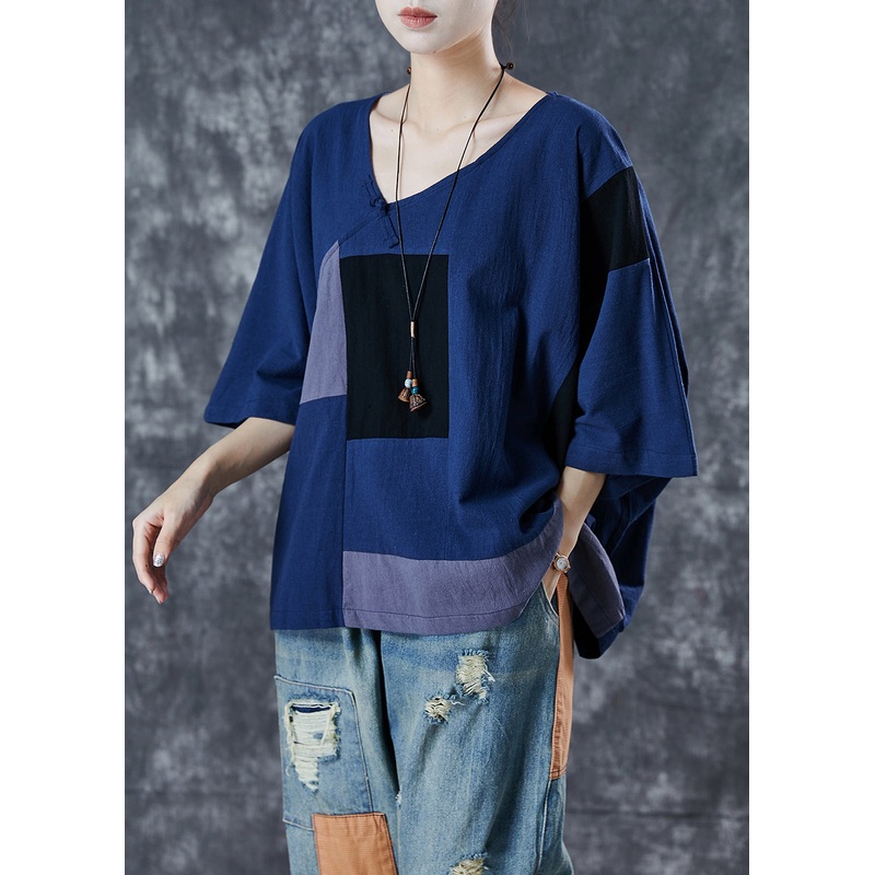 Vintage Navy Asymmetrical Patchwork Linen Tank Summer