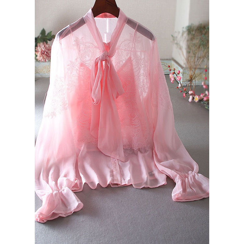 Vintage Pink Embroidered Chiffon Shirt Top Spring