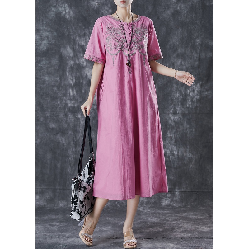 Vintage Pink Embroidered Cotton Long Dress Summer