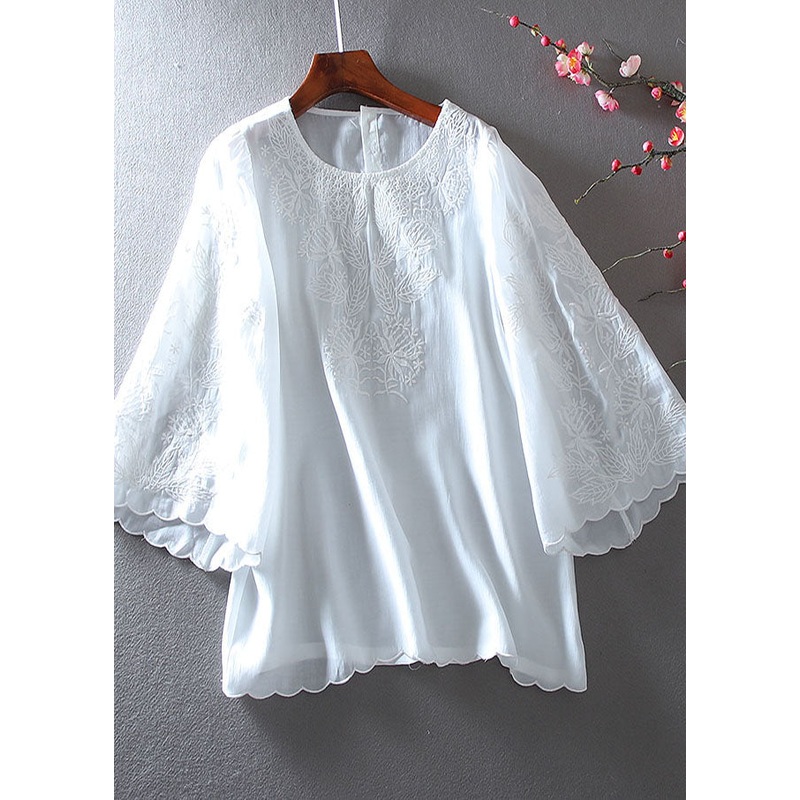 Vintage White Embroidered Chiffon Shirt Tops Summer