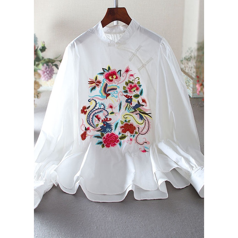 Vintage White Embroidered Chinese Button Cotton Blouse Top Spring