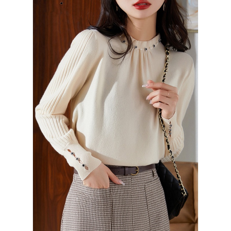 Vogue Beige Nail Bead Hollow Out Wool Knit Sweaters Spring