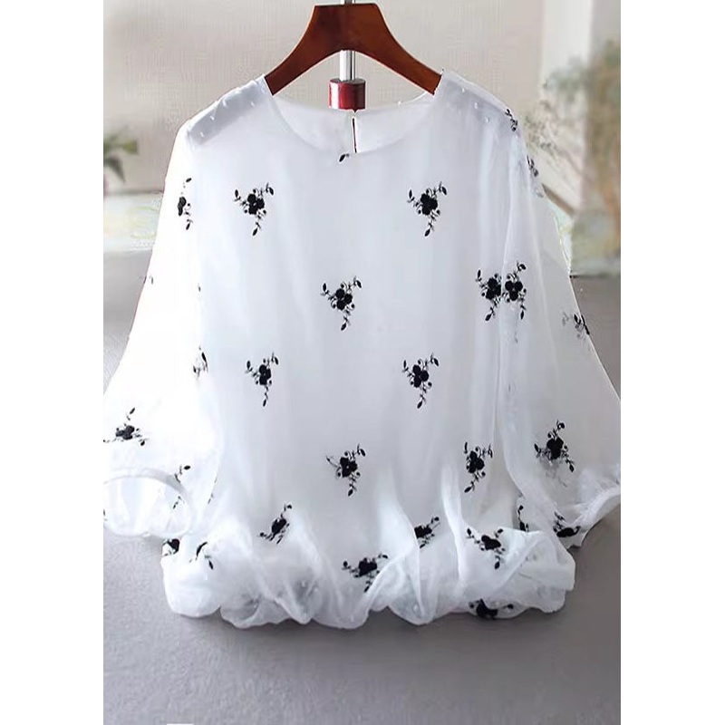 White Chiffon Blouses Embroidered Lantern Sleeve
