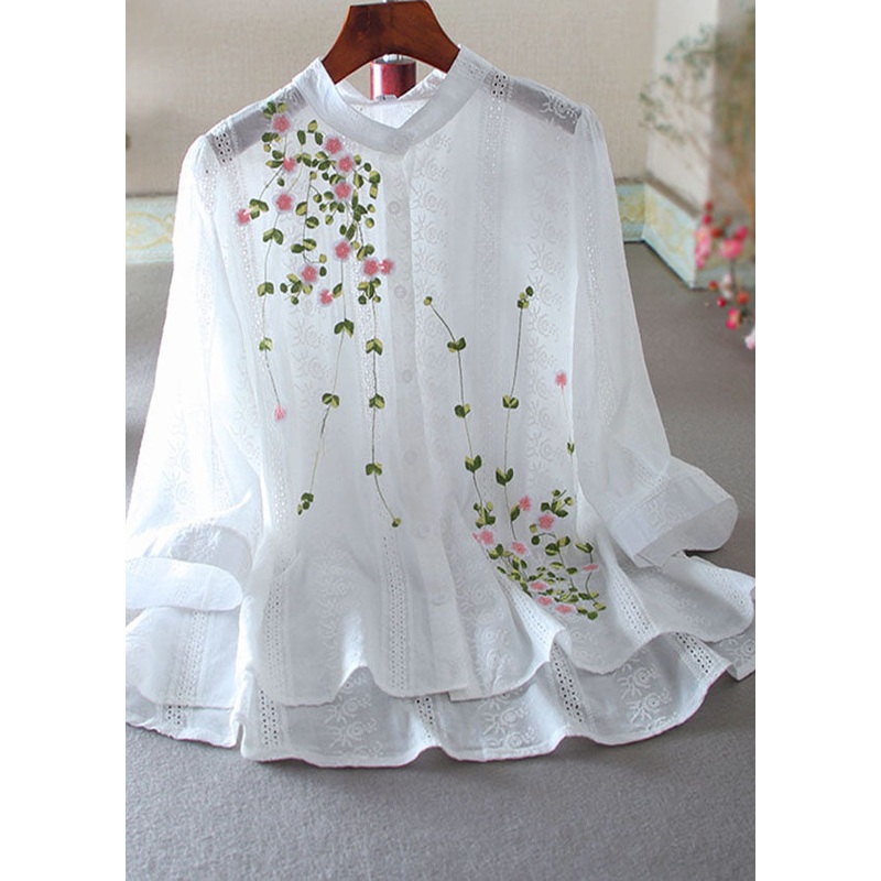 White Oversized Cotton Blouses Embroidered Spring