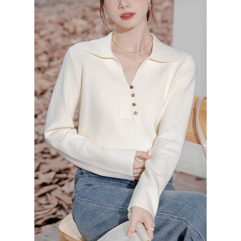 Women Beige Peter Pan Collar Button Knit Sweater Spring
