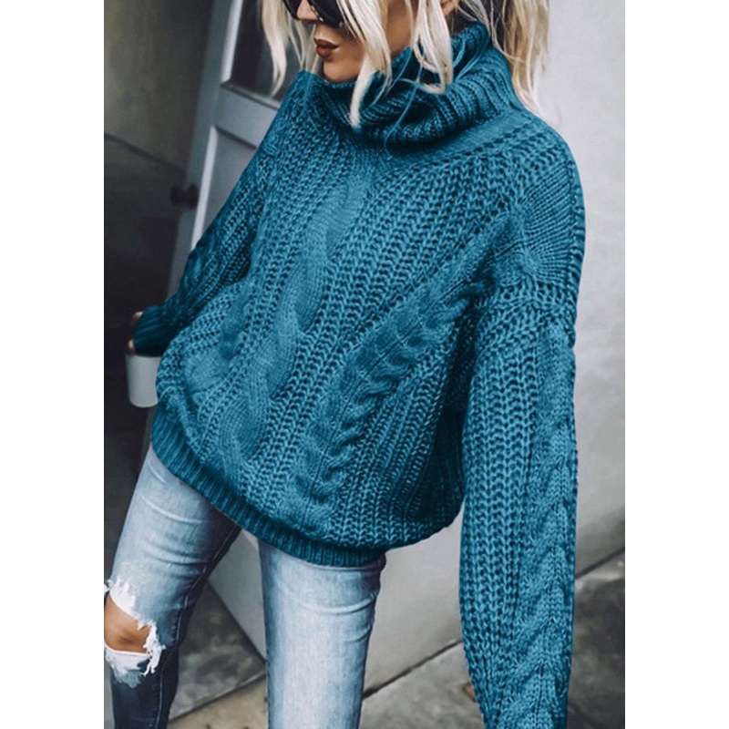 Women Blue Turtleneck Thick Cable Knit Sweaters Spring