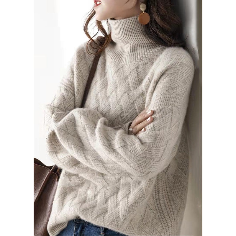 Women Light Camel Turtleneck Plaid Wool Knit Sweaters Spring