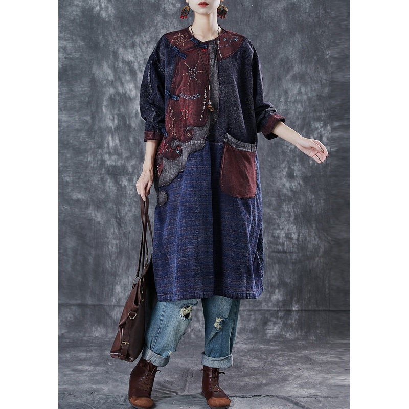 Women Navy Embroidered Patchwork Applique Denim Oriental Dresses Spring