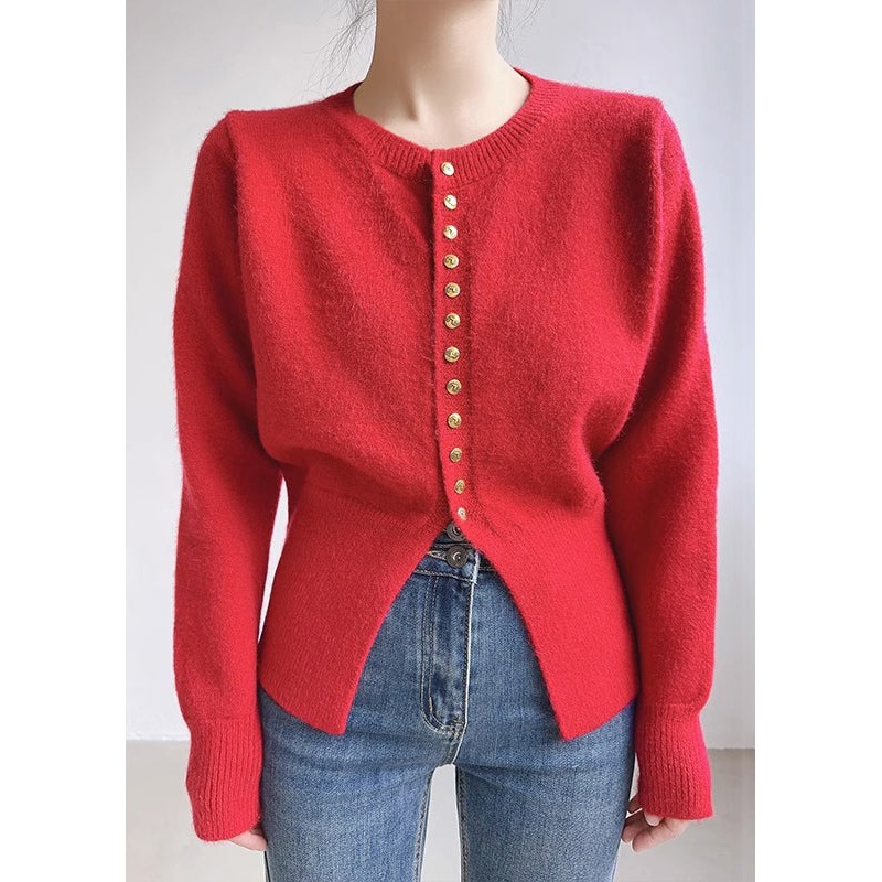Women Red O Neck Button Solid Knit Coats Spring