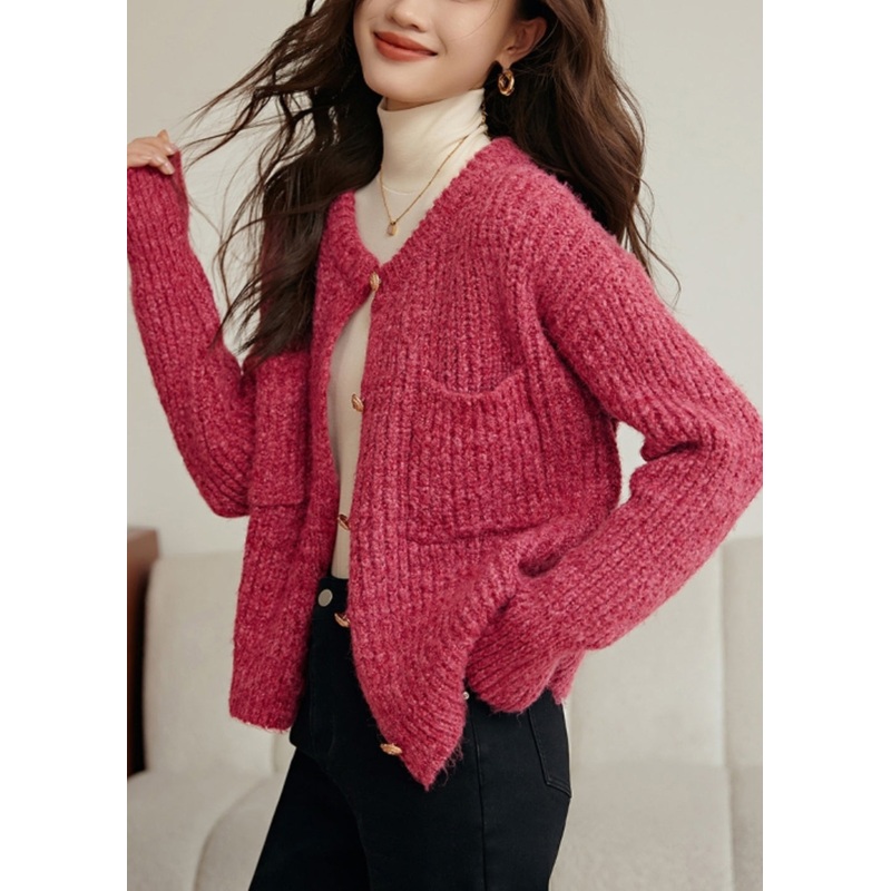 Women Rose O Neck Button Pockets Cotton Knit Coat Spring