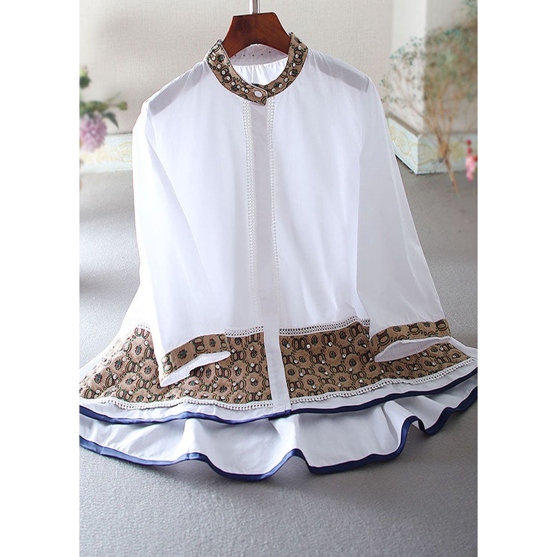 Women White Embroidered Patchwork Zircon A Line Blouse Top Spring