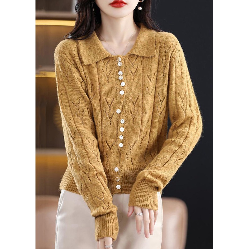 Women Yellow Button Hollow Out Knit Sweater Spring